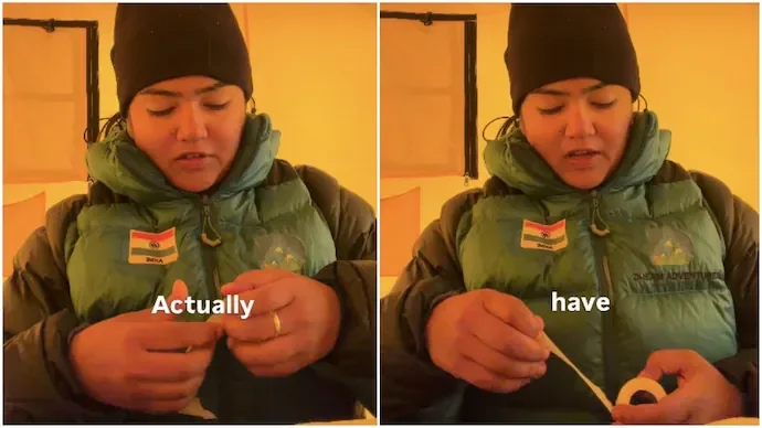Mountaineer Yogeshwari Bohare making a makeshift sanitary pad at 16,000 feet during an expedition