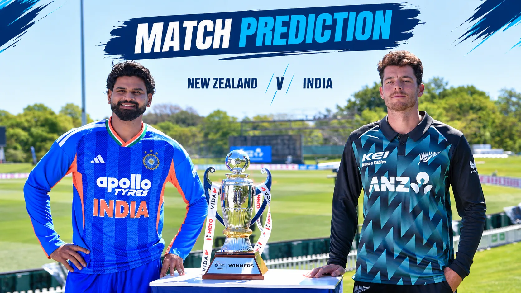 India captain Shreyas Iyer (left) and New Zealand captain Mitchell Santner with the series trophy ahead of the 3rd T20I in Wellington.