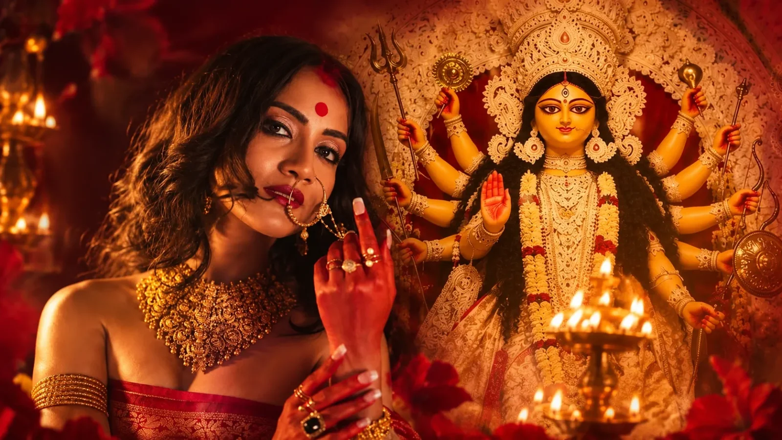 Amika Shail in a traditional festive look beside Maa Durga for her song Dhak Baja
