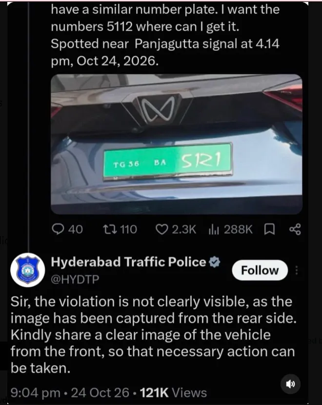 The original complaint and Hyderabad Traffic Police's first reply on X.