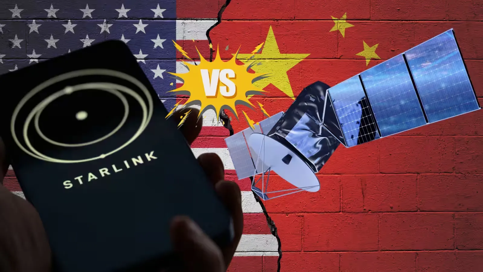 A Starlink phone display and a satellite, with the flags of the United States and China behind.