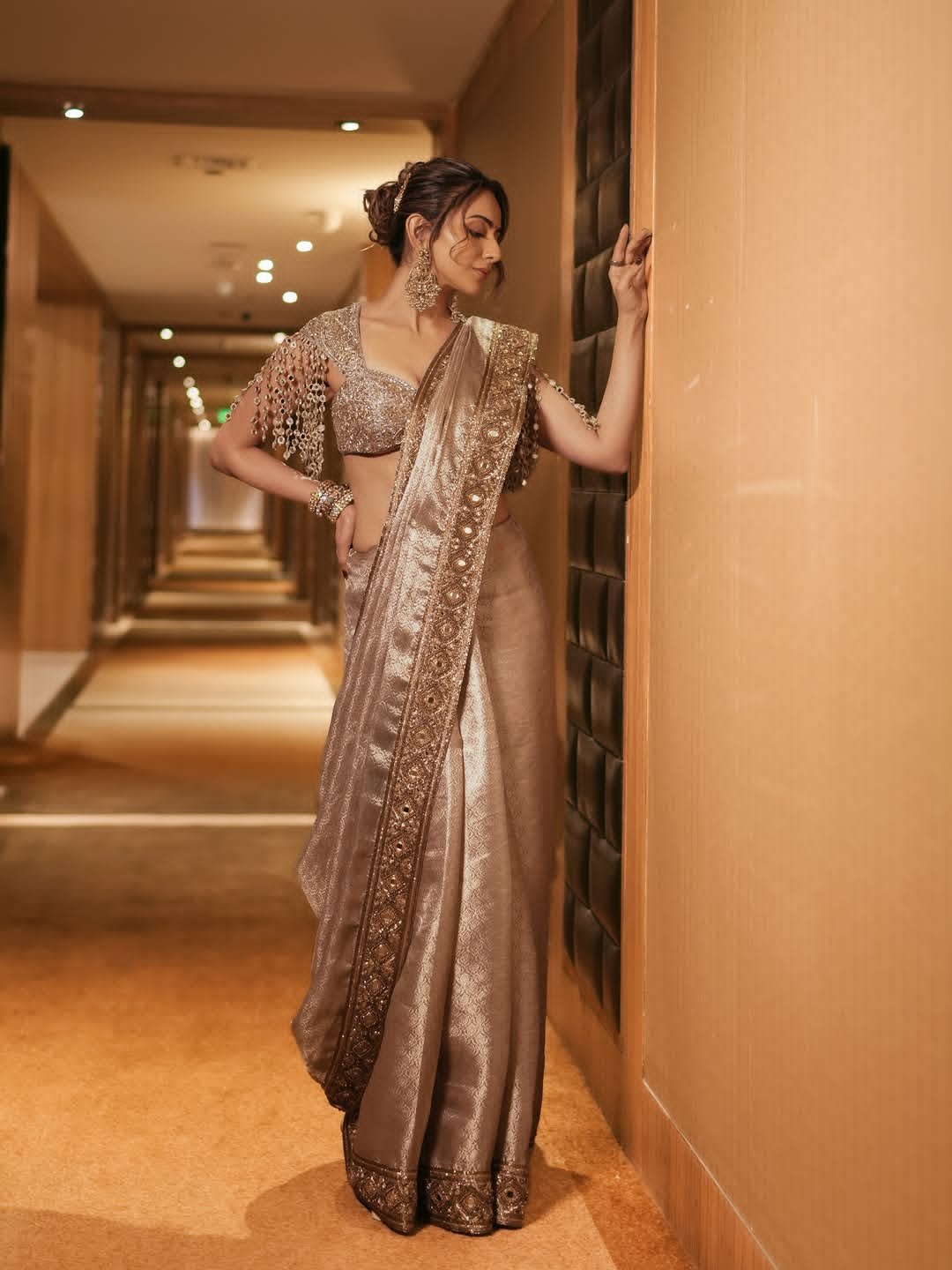 Shining Style of Rakul Preet Singh in Mirror Work Blouse